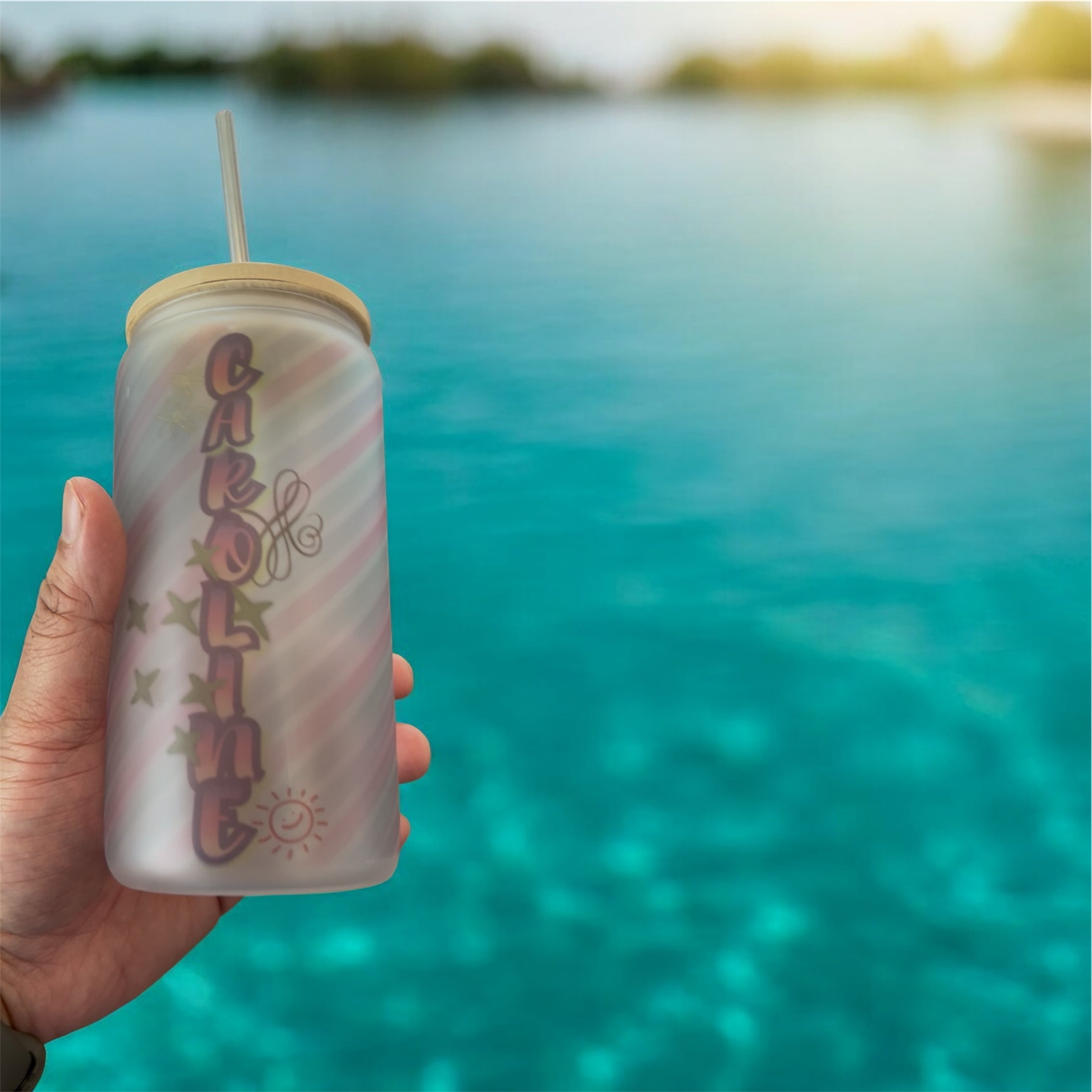 Frosted Glass Cups with Bamboo Lid 16 oz Tumblers